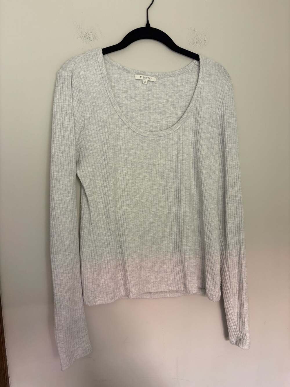 Z Supply Women's Gray Ribbed Long Sleeve Scoop Neck Top Sz L